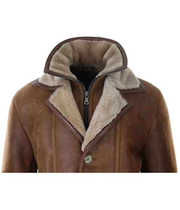 Men's 3/4 Duffle Jacket Sheepskin Long Button Zip Warm - Tan