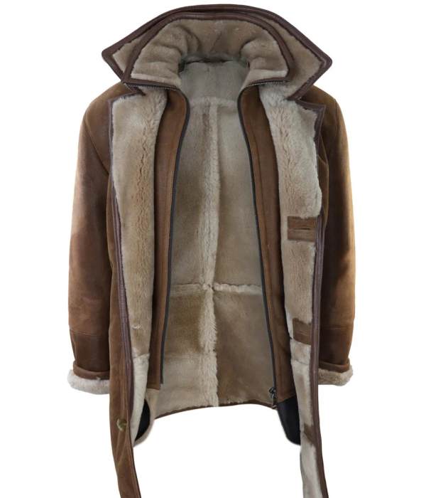 Men's 3/4 Duffle Jacket Sheepskin Long Button Zip Warm - Tan