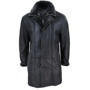 Men’s 3/4 Duffle Jacket Sheepskin Long Button Zip Warm – Black