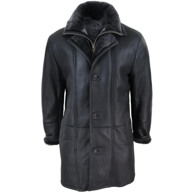 Men's 3/4 Duffle Jacket Sheepskin Long Button Zip Warm - Black