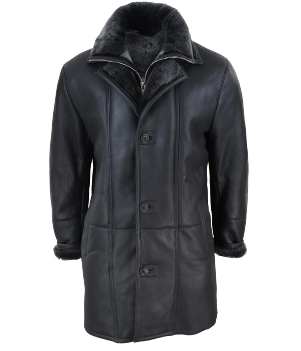 Men's 3/4 Duffle Jacket Sheepskin Long Button Zip Warm - Black