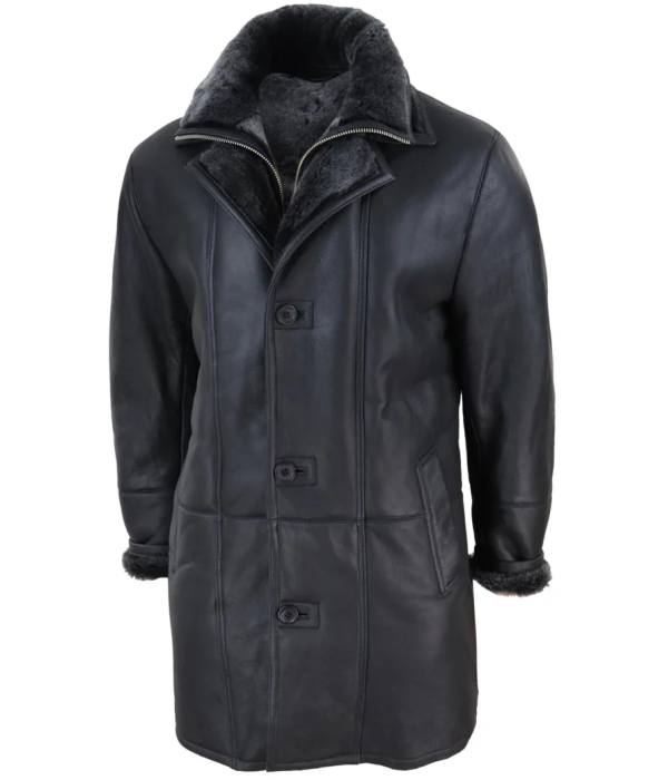 Men's 3/4 Duffle Jacket Sheepskin Long Button Zip Warm - Black