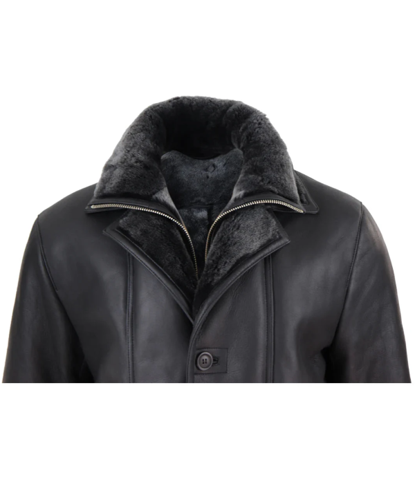 Men's 3/4 Duffle Jacket Sheepskin Long Button Zip Warm - Black