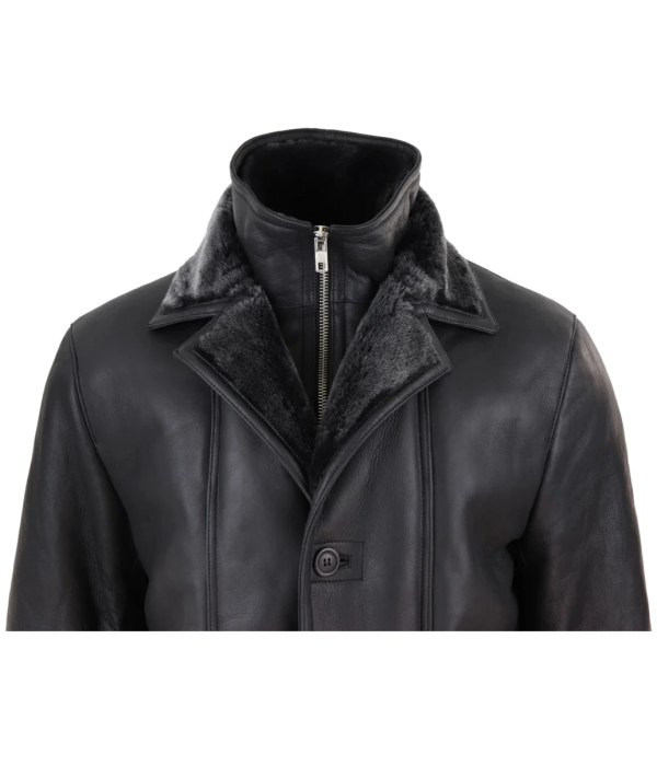 Men's 3/4 Duffle Jacket Sheepskin Long Button Zip Warm - Black