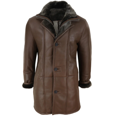 Men's 3/4 Duffle Jacket Sheepskin Long Button Zip Warm - Brown