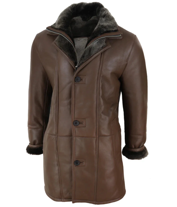 Men's 3/4 Duffle Jacket Sheepskin Long Button Zip Warm - Brown