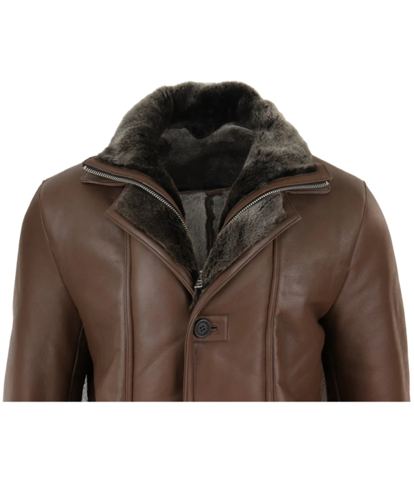 Men's 3/4 Duffle Jacket Sheepskin Long Button Zip Warm - Brown