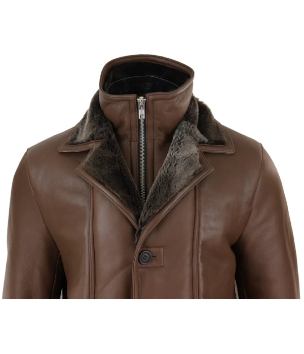 Men's 3/4 Duffle Jacket Sheepskin Long Button Zip Warm - Brown