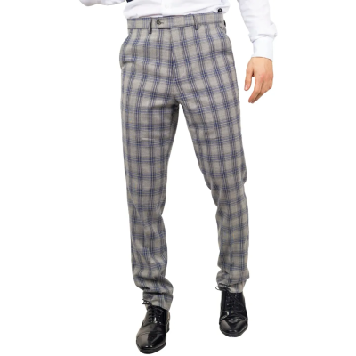 Knight - Men's Grey Blue Checked Trousers