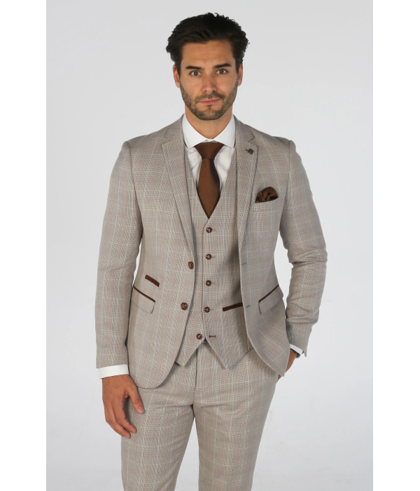 Leo - Men's Beige Checked Tailored Fit Blazer