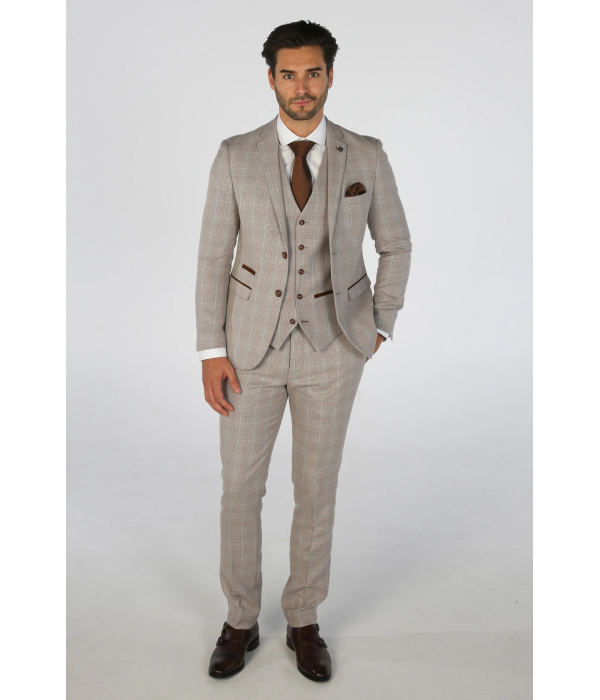 Leo - Men's Beige 3 Piece Checked Tailored Fit Suit