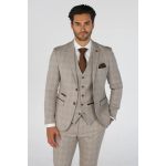 Leo - Men's Beige 3 Piece Checked Tailored Fit Suit - 38UK Jacket/Waistcoat + 32W Trousers