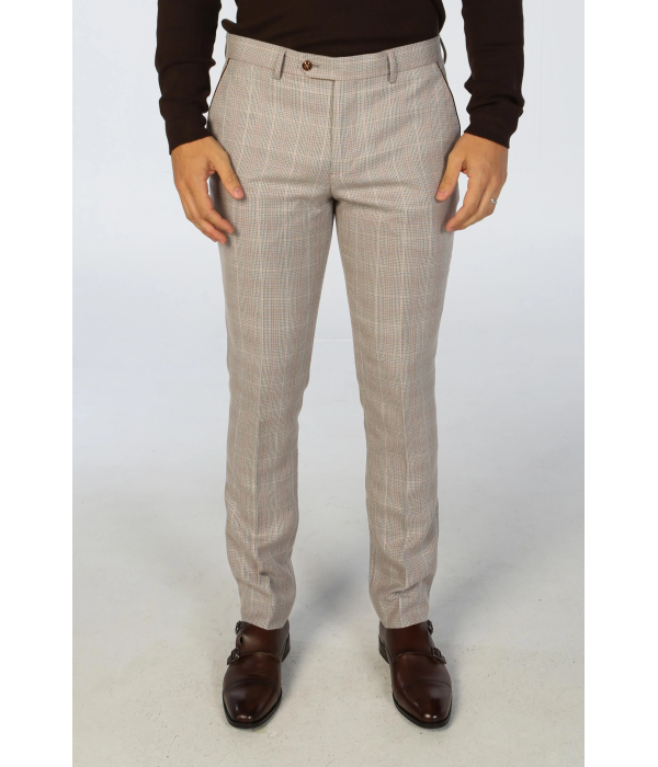 Leo - Men's Beige 3 Piece Checked Tailored Fit Suit