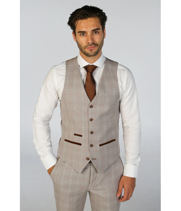 Leo - Men's Beige 3 Piece Checked Tailored Fit Suit