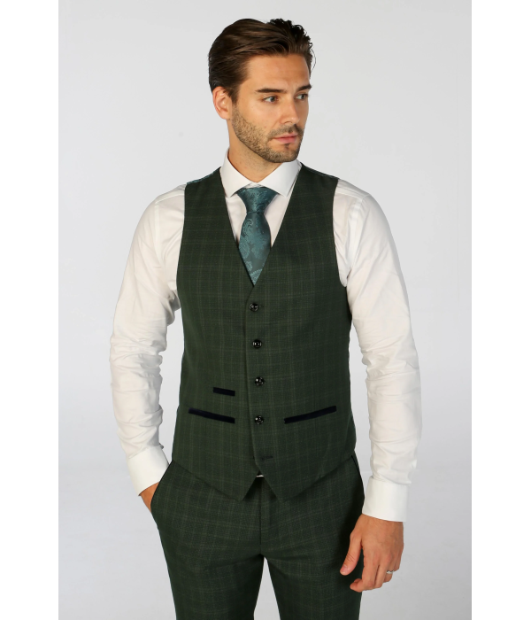 Leo - Men's Green 3 Piece Checked Tailored Fit Suit