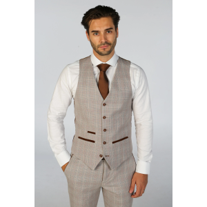 Leo – Men’s Beige Checked Tailored Fit Waistcoat