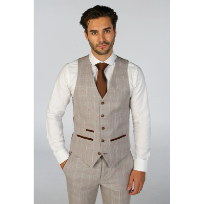 Leo - Men's Beige Checked Tailored Fit Waistcoat