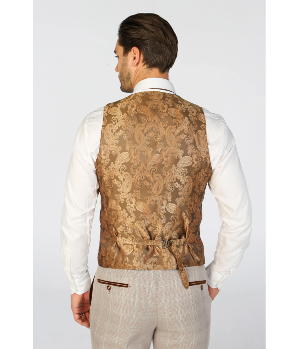 Leo - Men's Beige Checked Tailored Fit Waistcoat