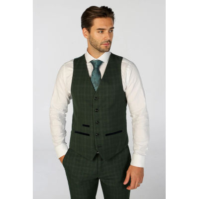 Leo - Men's Green Checked Tailored Fit Waistcoat