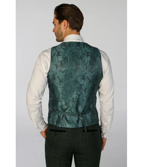 Leo - Men's Green Checked Tailored Fit Waistcoat