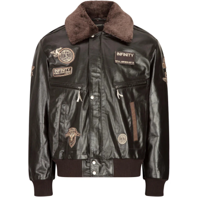 Men's Leather Jacket Bomber Aviator Badge Brown