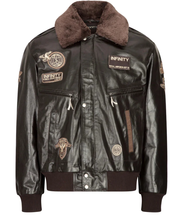 Men's Leather Jacket Bomber Aviator Badge Brown