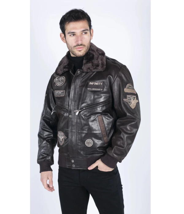 Men's Leather Jacket Bomber Aviator Badge Brown