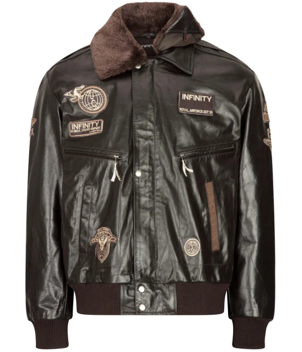 Men's Leather Jacket Bomber Aviator Badge Brown