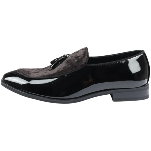 Men’s Slip On Tassel Velvet Detailed Patent Black Loafers