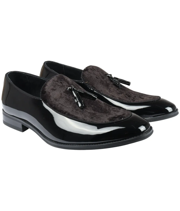 Men's Slip On Tassel Velvet Detailed Patent Black Loafers