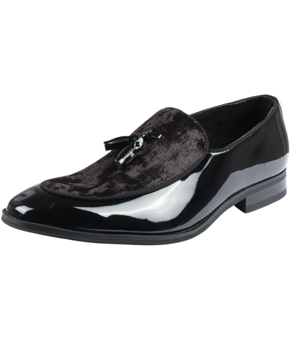 Men's Slip On Tassel Velvet Detailed Patent Black Loafers