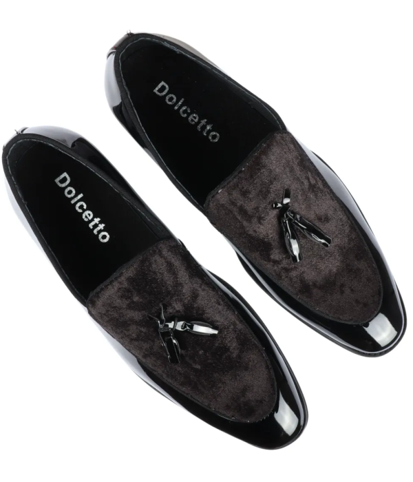 Men's Slip On Tassel Velvet Detailed Patent Black Loafers