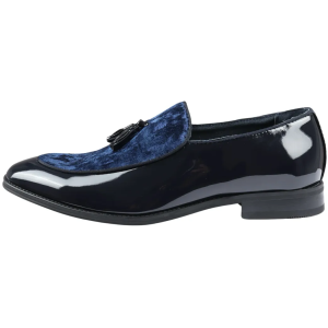 Men’s Slip On Tassel Velvet Detailed Patent Navy Loafers