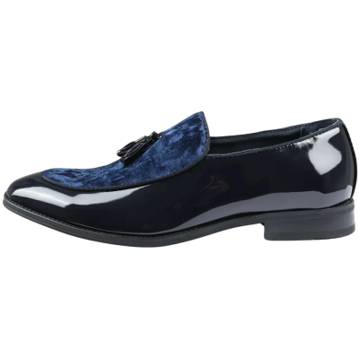 Men's Slip On Tassel Velvet Detailed Patent Navy Loafers