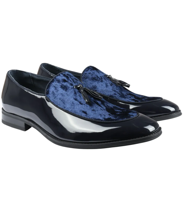 Men's Slip On Tassel Velvet Detailed Patent Navy Loafers