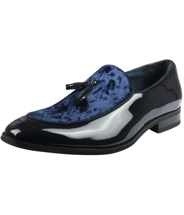 Men's Slip On Tassel Velvet Detailed Patent Navy Loafers