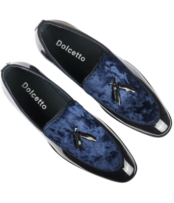 Men's Slip On Tassel Velvet Detailed Patent Navy Loafers