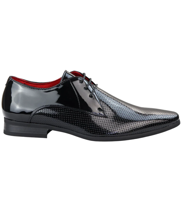 Mens Shoes Smart Formal Perforated Pointed Laced Black Patent Leather PU