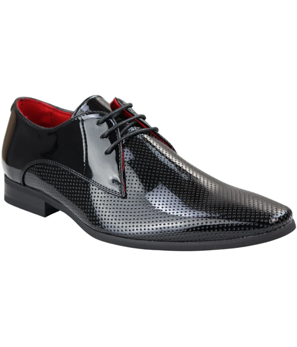 Mens Shoes Smart Formal Perforated Pointed Laced Black Patent Leather PU