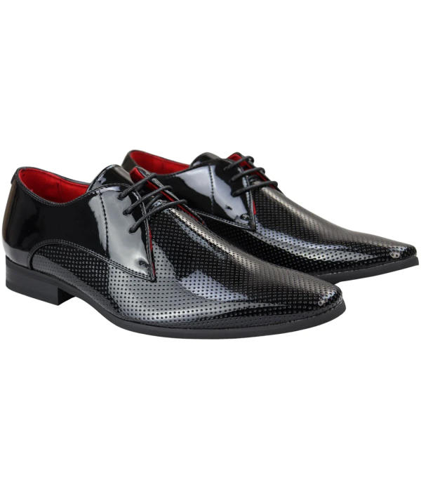 Mens Shoes Smart Formal Perforated Pointed Laced Black Patent Leather PU