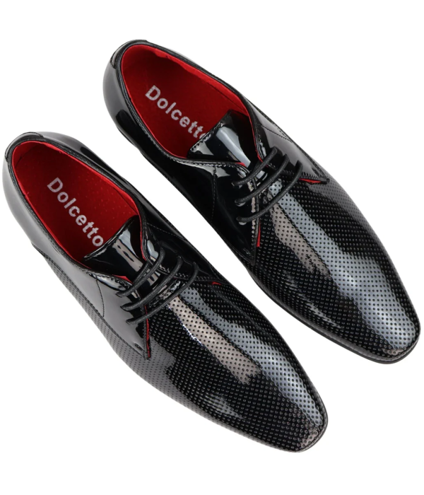 Mens Shoes Smart Formal Perforated Pointed Laced Black Patent Leather PU