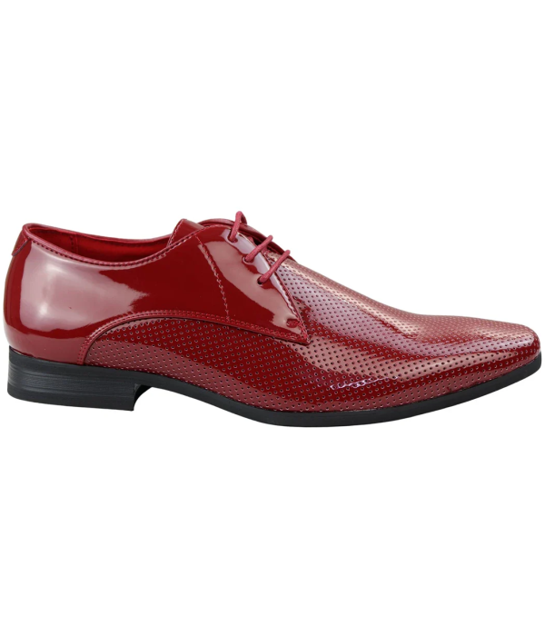 Mens Shoes Smart Formal Perforated Pointed Laced Red Patent Leather PU