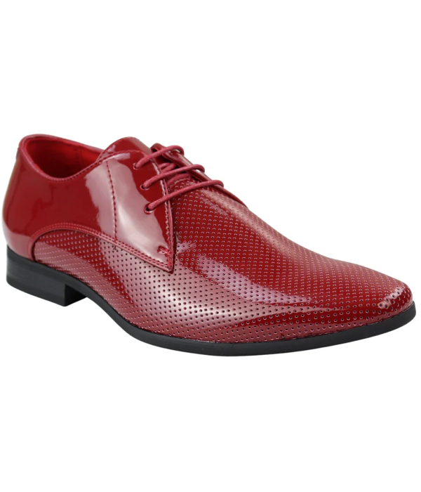 Mens Shoes Smart Formal Perforated Pointed Laced Red Patent Leather PU