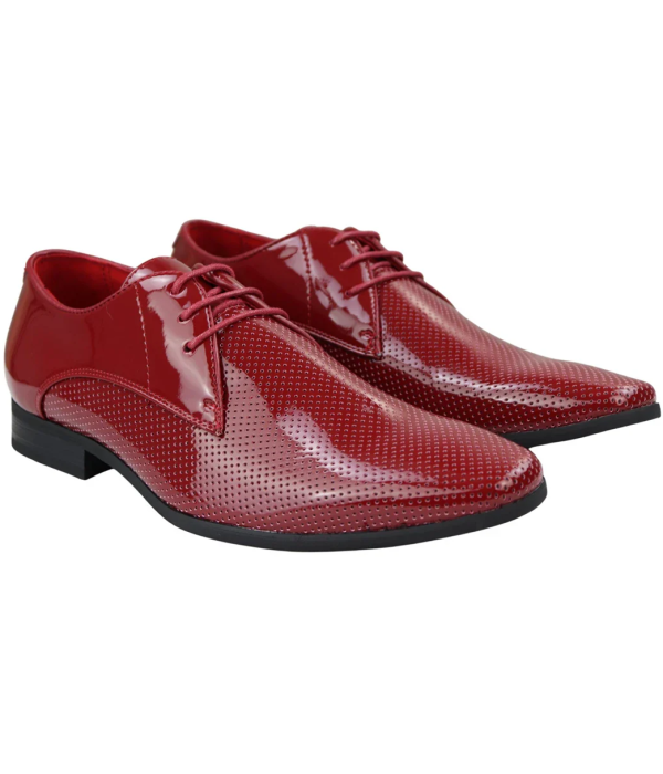 Mens Shoes Smart Formal Perforated Pointed Laced Red Patent Leather PU