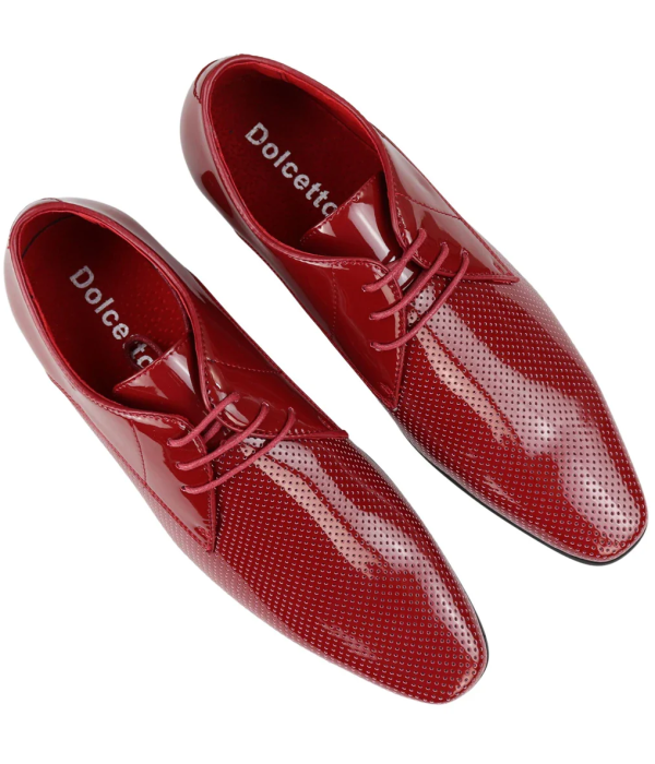 Mens Shoes Smart Formal Perforated Pointed Laced Red Patent Leather PU