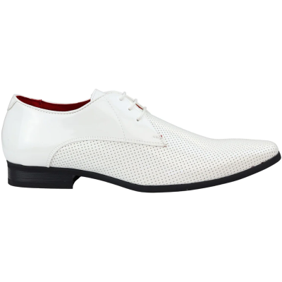 Mens Shoes Smart Formal Perforated Pointed Laced White Patent Leather PU