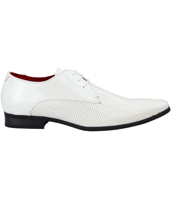 Mens Shoes Smart Formal Perforated Pointed Laced White Patent Leather PU