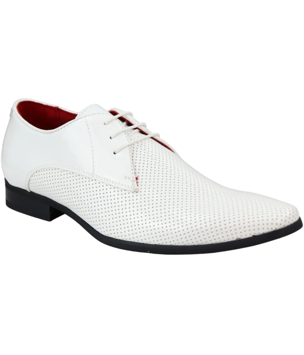 Mens Shoes Smart Formal Perforated Pointed Laced White Patent Leather PU