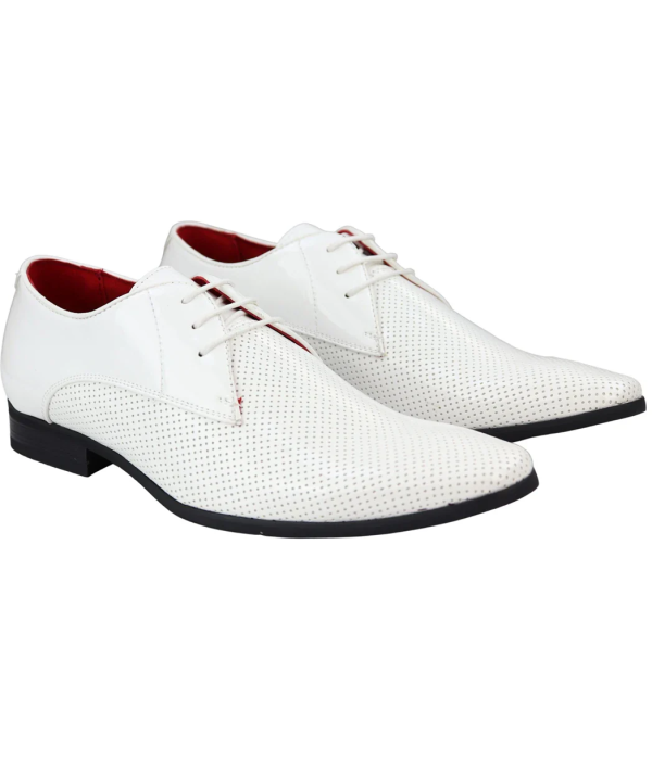 Mens Shoes Smart Formal Perforated Pointed Laced White Patent Leather PU