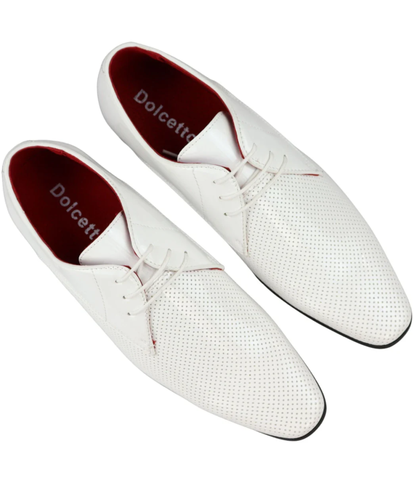 Mens Shoes Smart Formal Perforated Pointed Laced White Patent Leather PU